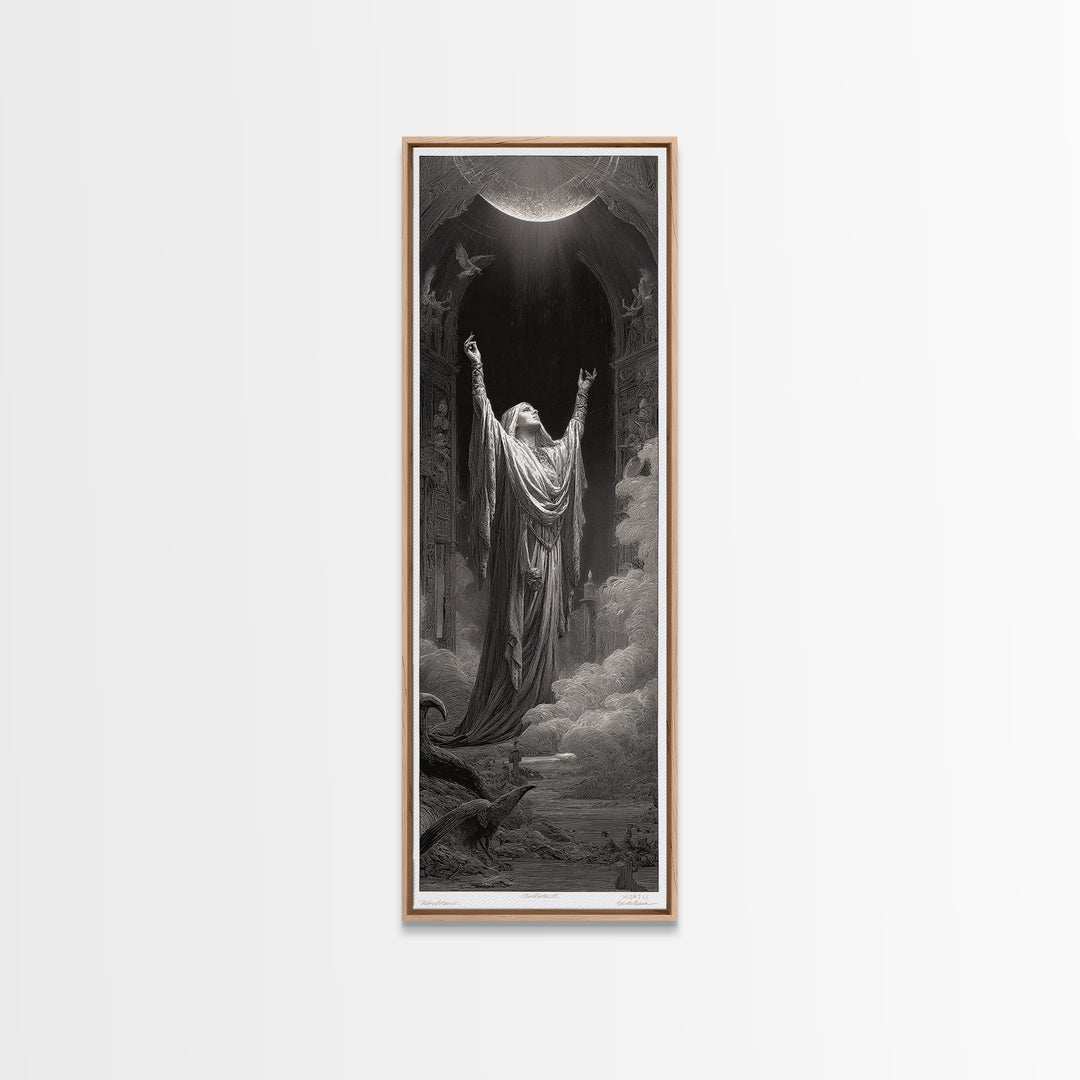 The Moon Priestess, Gothic Engraving Art, Tall Narrow Wall Art, Gothic Horror Wall Art, Canvas Print, Halloween Wall Art