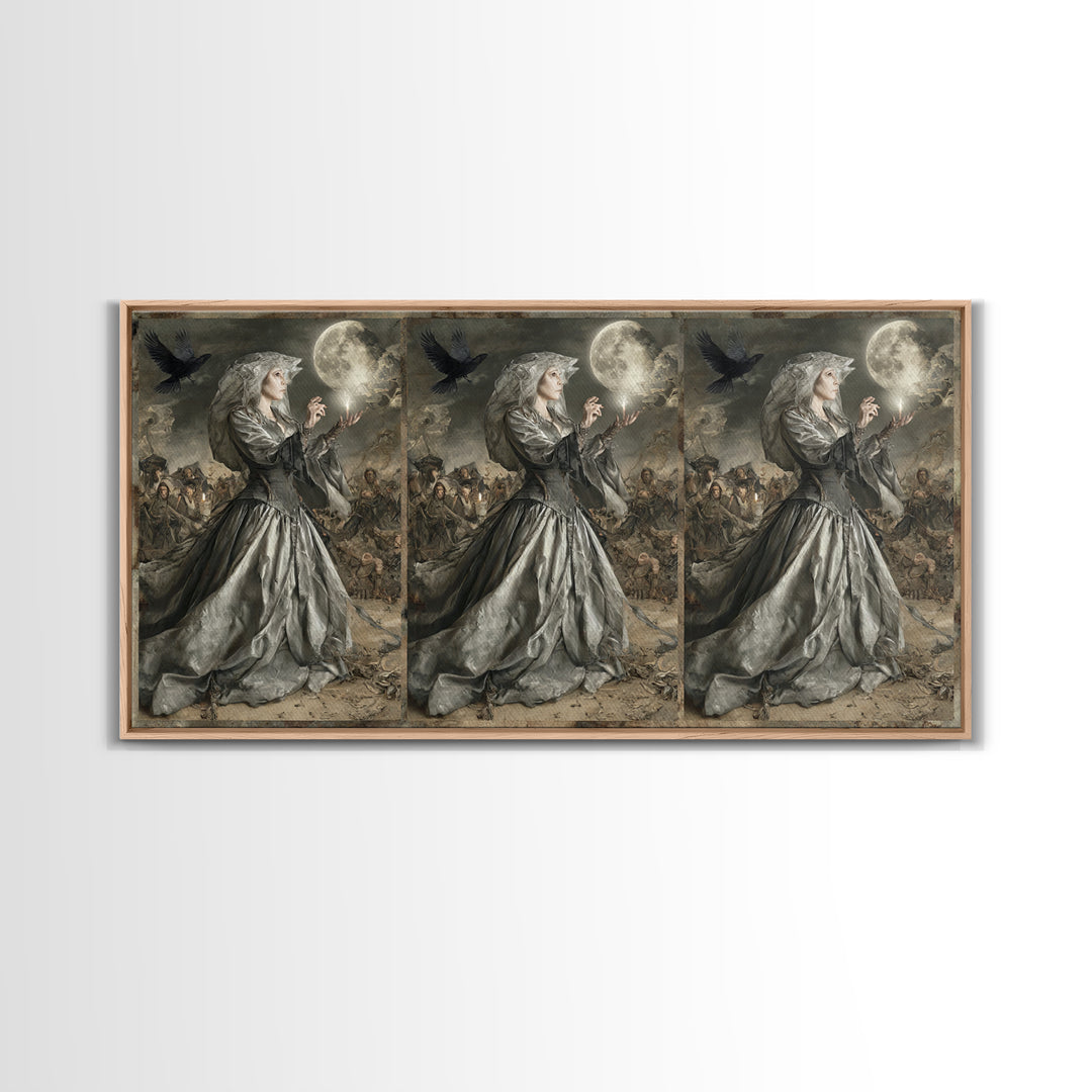 The Moon Priestess, Northern Renaissance Horror, Wide Panoramic Art, Macabre Wall Art, Framed Canvas Print, Halloween Wall Art