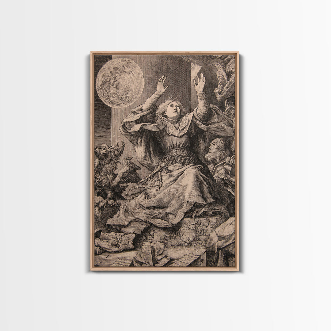 The Moon Priestess, Renaissance Engraving Art, Vertical Wall Art, Macabre Wall Art, Framed Canvas Print, Halloween Wall Art