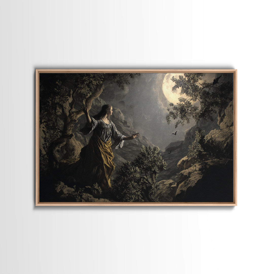 The Moon Priestess, Baroque Witchcraft Art, Landscape Wall Art, Dark Fantasy Wall Art, Framed Canvas Print, Halloween Wall Art