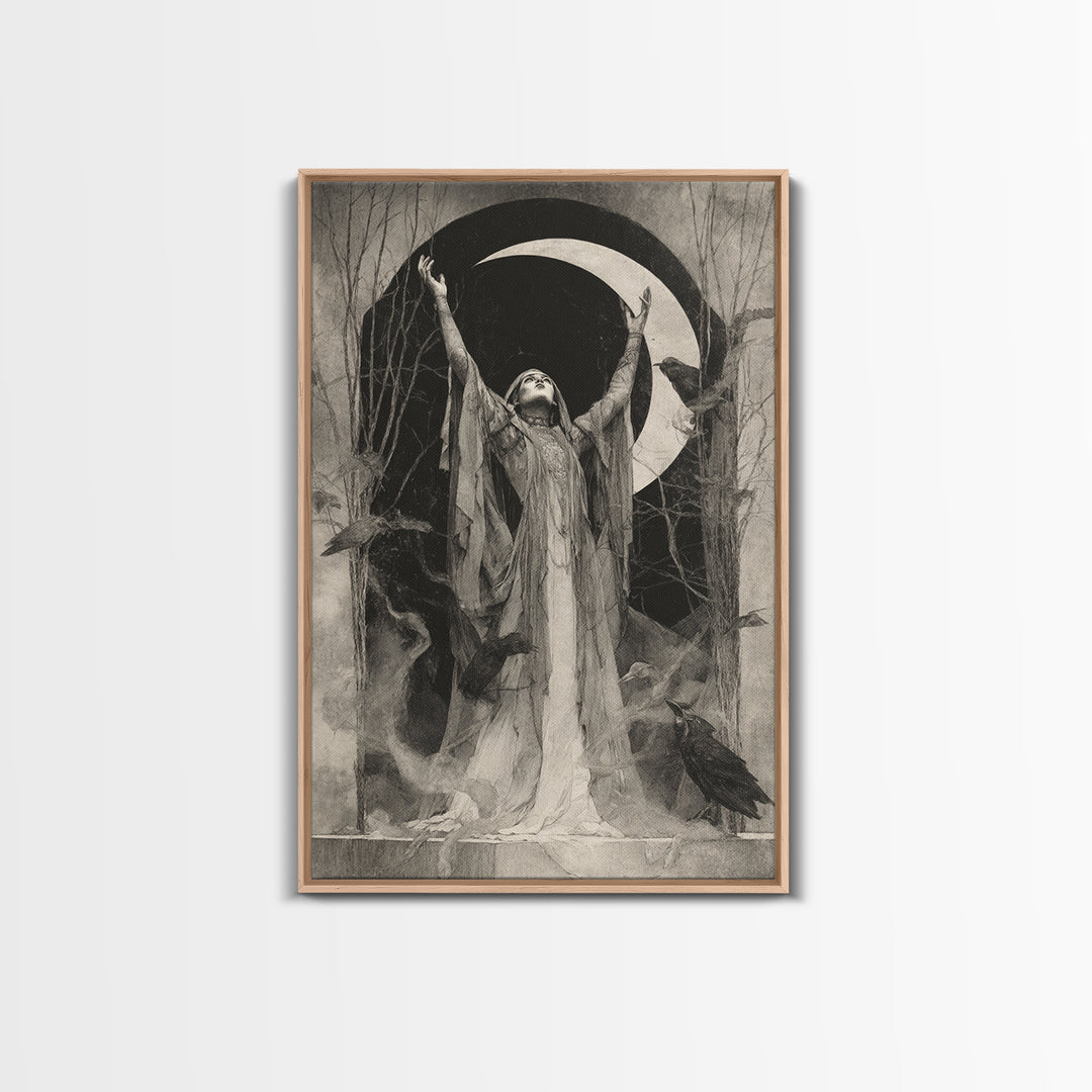 The Moon Priestess, Symbolist Dream Art, Vertical Wall Art, Macabre Wall Art, Framed Canvas Print, Halloween Wall Art