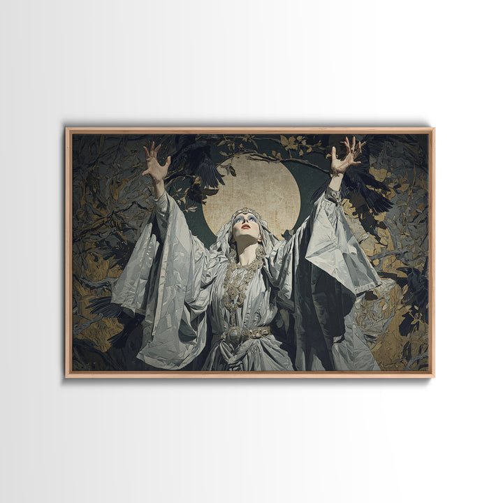 The Moon Priestess, Symbolist Etching Art, Landscape Wall Art, Dark Halloween Decor, Canvas Print, Halloween Wall Art
