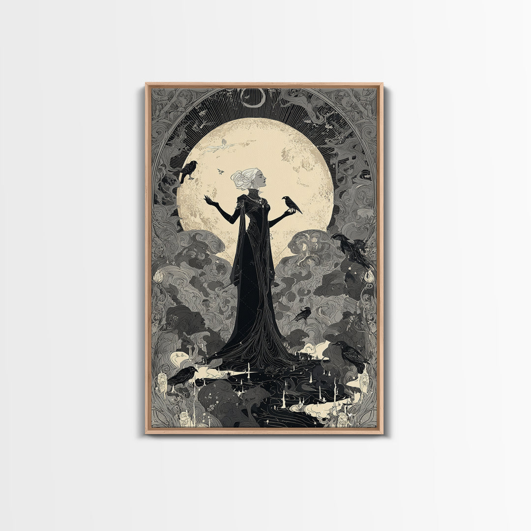 The Moon Priestess, Decadent Line Art, Vertical Wall Art, Gothic Horror Wall Art, Framed Canvas Print, Halloween Wall Art