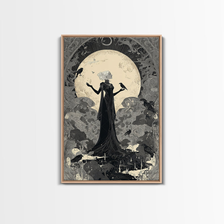 The Moon Priestess, Decadent Line Art, Vertical Wall Art, Gothic Horror Wall Art, Framed Canvas Print, Halloween Wall Art