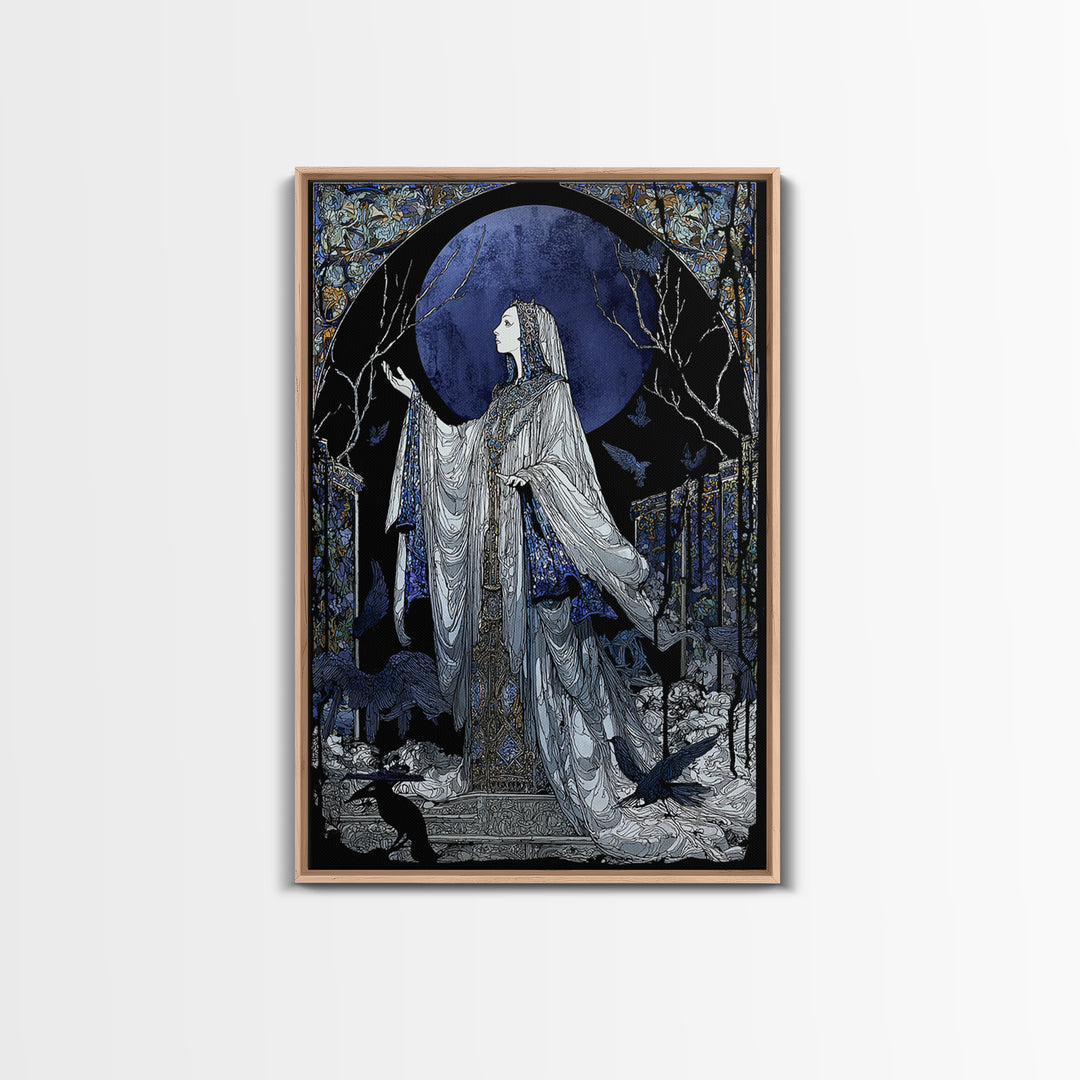The Moon Priestess, Stained Glass Gothic Art, Vertical Wall Art, Macabre Wall Art, Framed Canvas Print, Halloween Wall Art