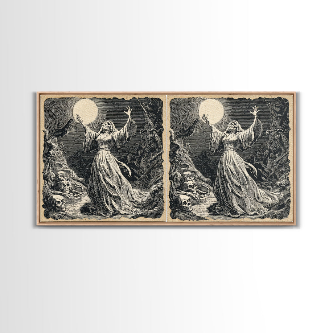 The Moon Priestess, Macabre Folk Print Art, Wide Panoramic Art, Macabre Wall Art, Canvas Print, Halloween Wall Art