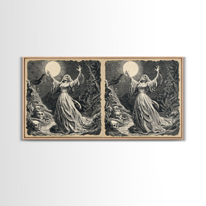 The Moon Priestess, Macabre Folk Print Art, Wide Panoramic Art, Macabre Wall Art, Canvas Print, Halloween Wall Art