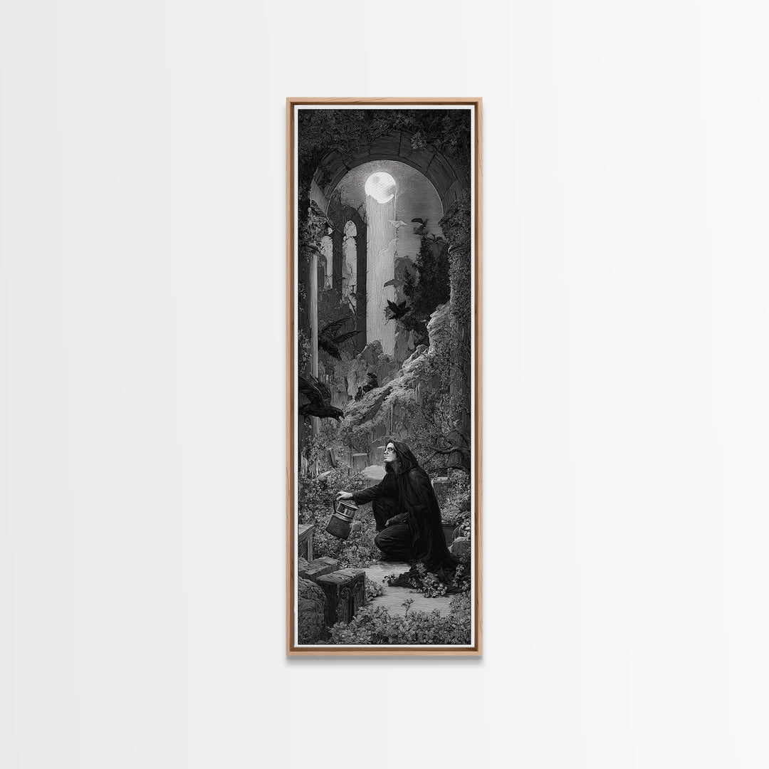 The Graveyard Gardener, Gothic Engraving Art, Tall Narrow Wall Art, Macabre Wall Art, Framed Canvas Print, Halloween Wall Art