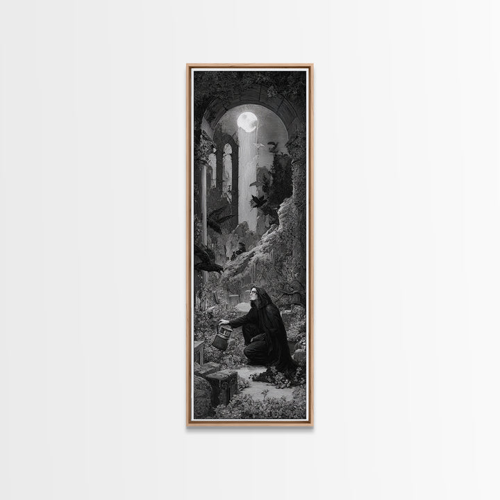 The Graveyard Gardener, Gothic Engraving Art, Tall Narrow Wall Art, Macabre Wall Art, Framed Canvas Print, Halloween Wall Art