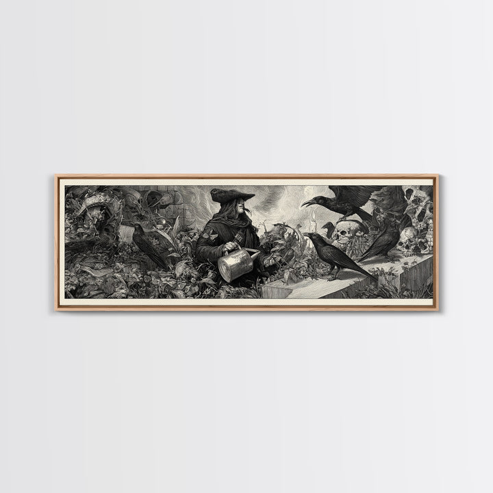The Graveyard Gardener, Renaissance Engraving Art, Extra Wide Wall Art, Gothic Horror Wall Art, Canvas Print, Halloween Wall Art