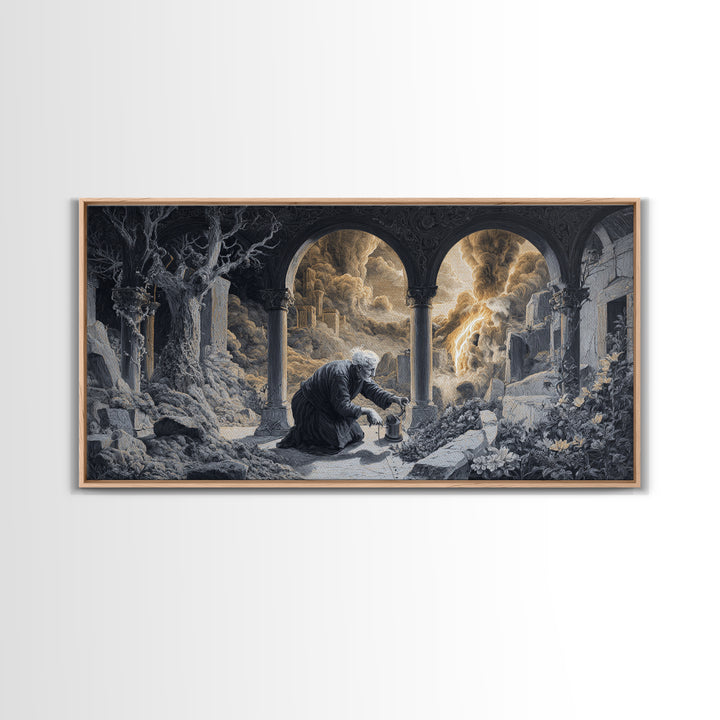 The Graveyard Gardener, Apocalyptic Romantic Art, Wide Panoramic Art, Dark Fantasy Wall Art, Framed Canvas Print, Halloween Wall Art