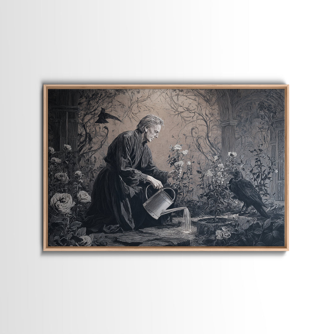 The Graveyard Gardener, Dark Symbolist Art, Landscape Wall Art, Dark Fantasy Wall Art, Framed Canvas Print, Halloween Wall Art