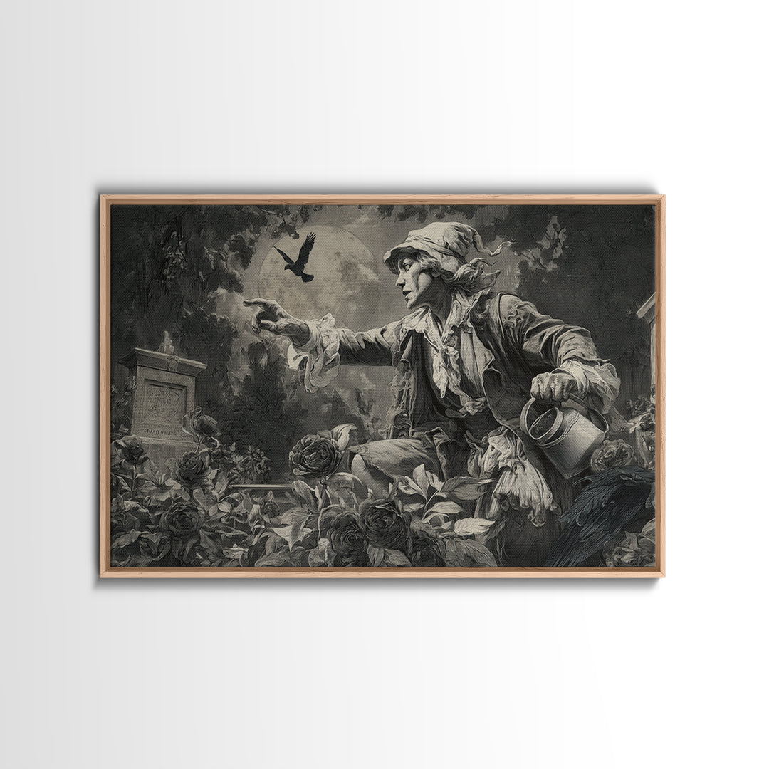 The Graveyard Gardener, Symbolist Etching Art, Landscape Wall Art, Dark Halloween Decor, Canvas Print, Halloween Wall Art