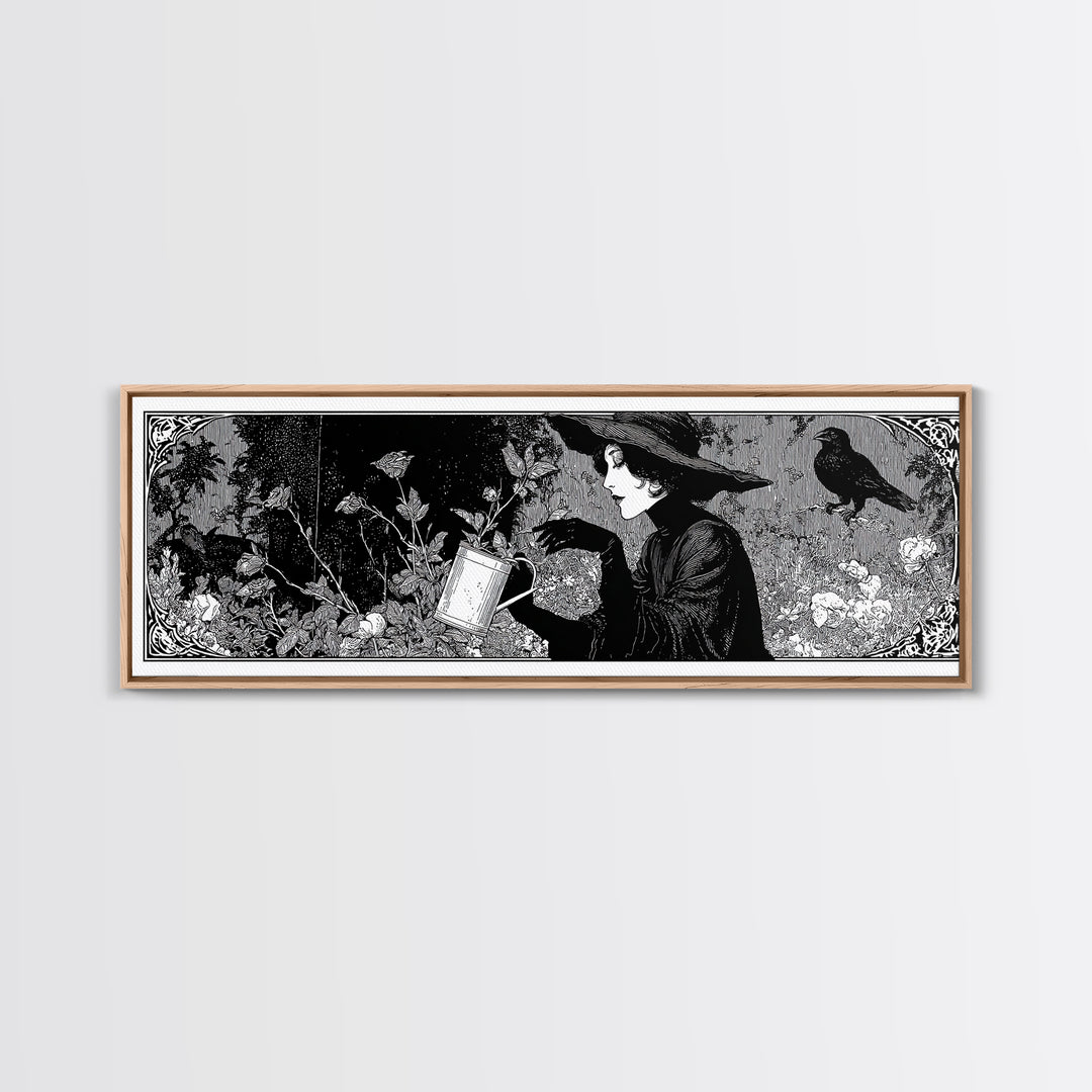 The Graveyard Gardener, Decadent Line Art, Extra Wide Wall Art, Gothic Horror Wall Art, Framed Canvas Print, Halloween Wall Art