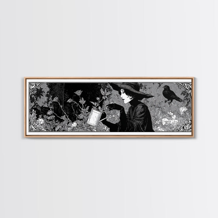The Graveyard Gardener, Decadent Line Art, Extra Wide Wall Art, Gothic Horror Wall Art, Framed Canvas Print, Halloween Wall Art