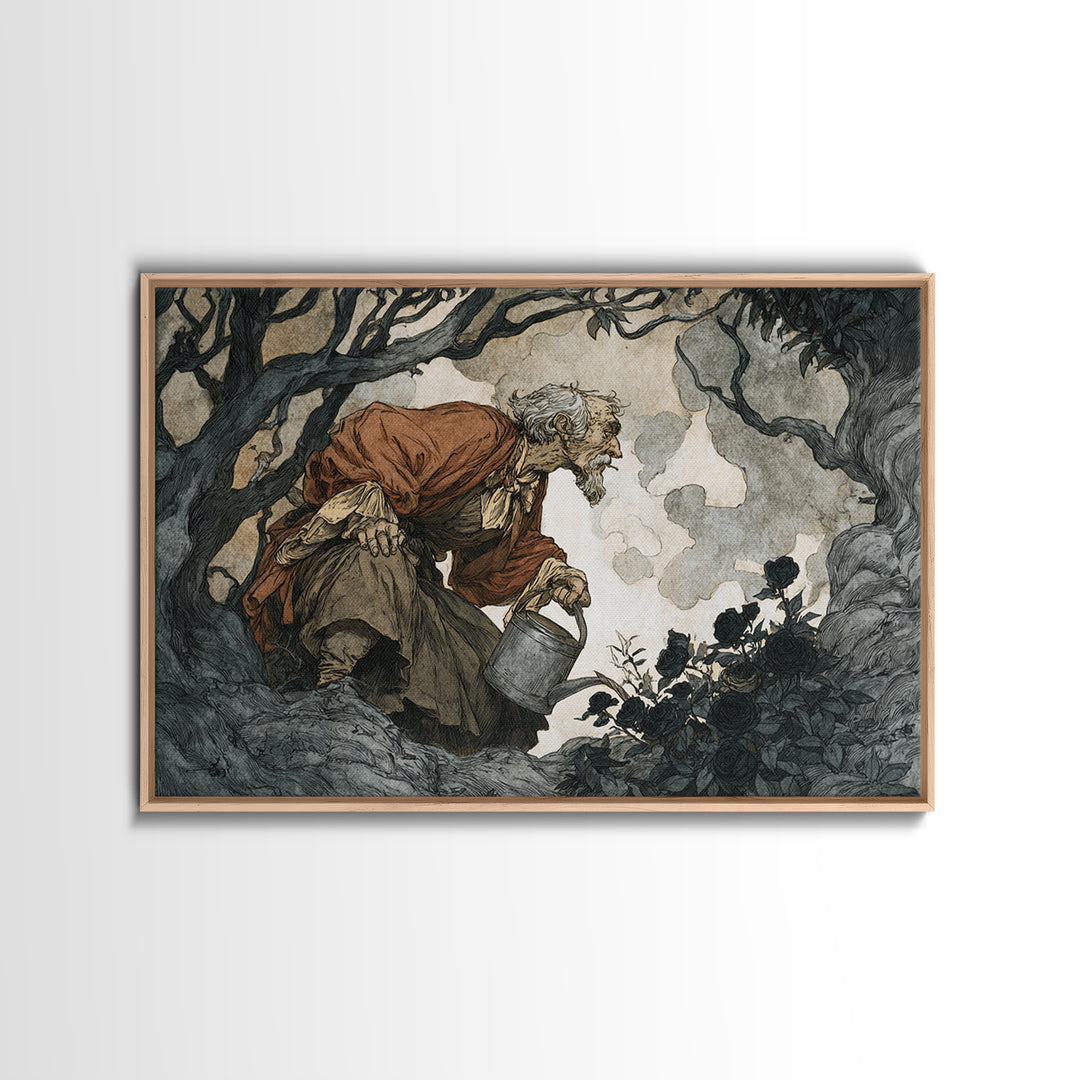 The Graveyard Gardener, Gothic Storybook Art, Landscape Wall Art, Dark Fantasy Wall Art, Canvas Print, Halloween Wall Art