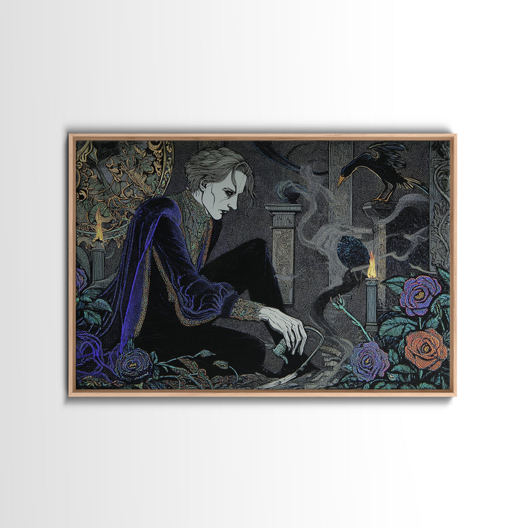 The Graveyard Gardener, Stained Glass Gothic Art, Landscape Wall Art, Macabre Wall Art, Framed Canvas Print, Halloween Wall Art