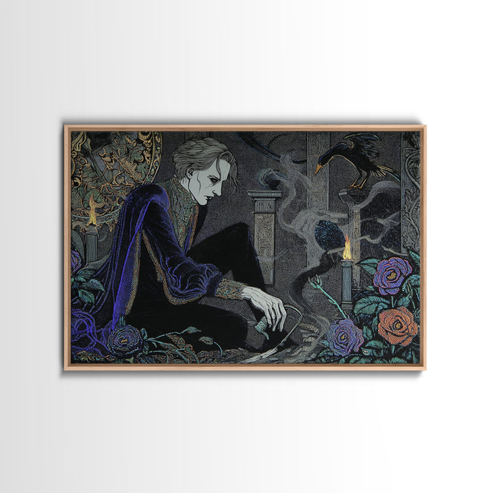 The Graveyard Gardener, Stained Glass Gothic Art, Landscape Wall Art, Macabre Wall Art, Framed Canvas Print, Halloween Wall Art