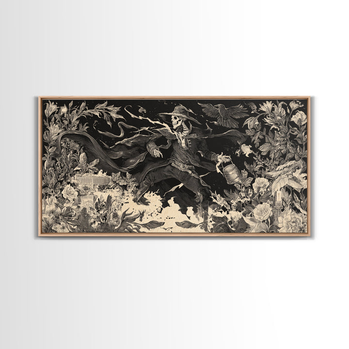 The Graveyard Gardener, Macabre Folk Print Art, Wide Panoramic Art, Macabre Wall Art, Framed Canvas Print, Halloween Wall Art