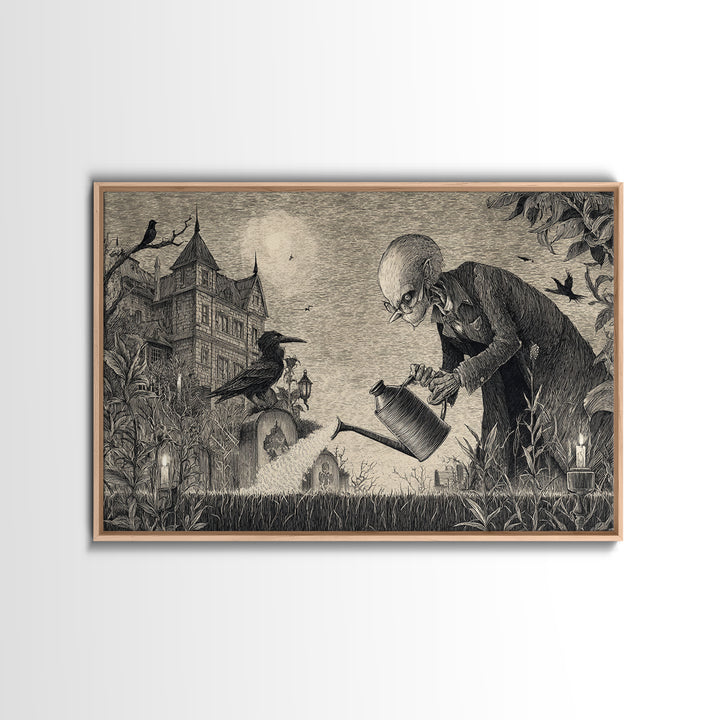 The Graveyard Gardener, Victorian Macabre Art, Landscape Wall Art, Dark Halloween Decor, Framed Canvas Print, Halloween Wall Art