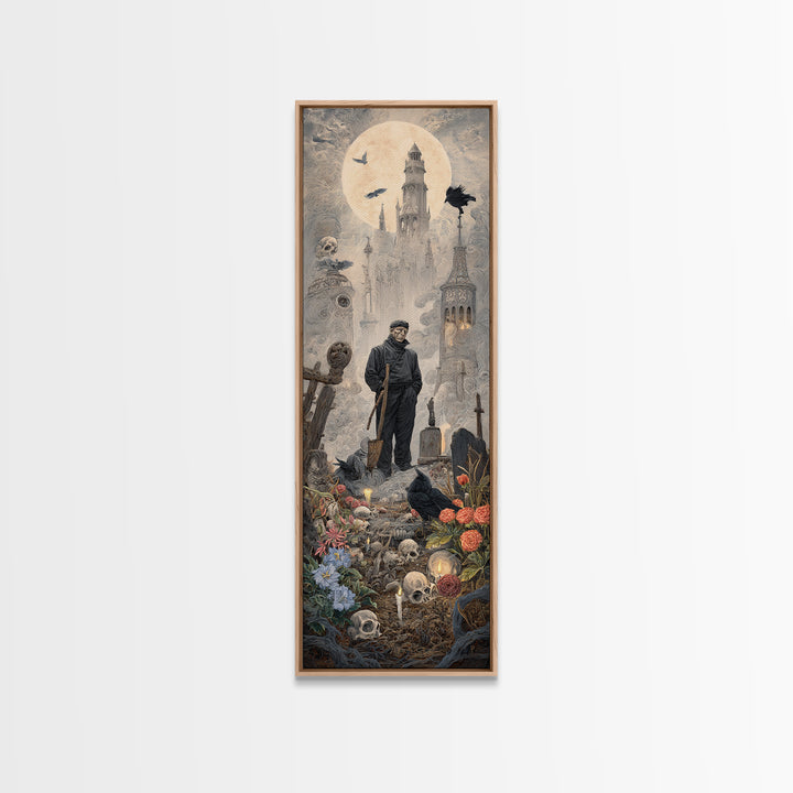 The Graveyard Gardener, Surreal Apocalyptic Art, Tall Narrow Wall Art, Dark Halloween Decor, Canvas Print, Halloween Wall Art