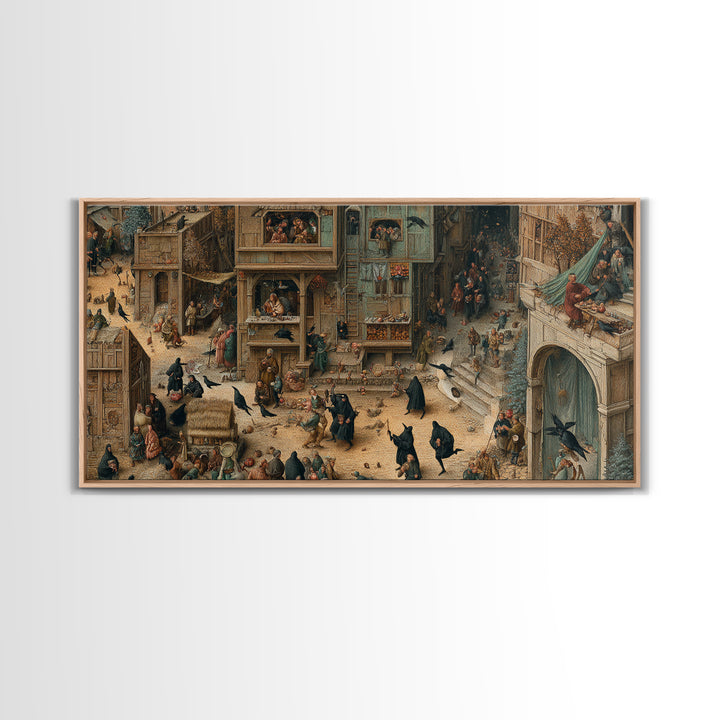 The Crow-Masked Assassin, Northern Renaissance Horror, Wide Panoramic Art, Macabre Wall Art, Framed Canvas Print