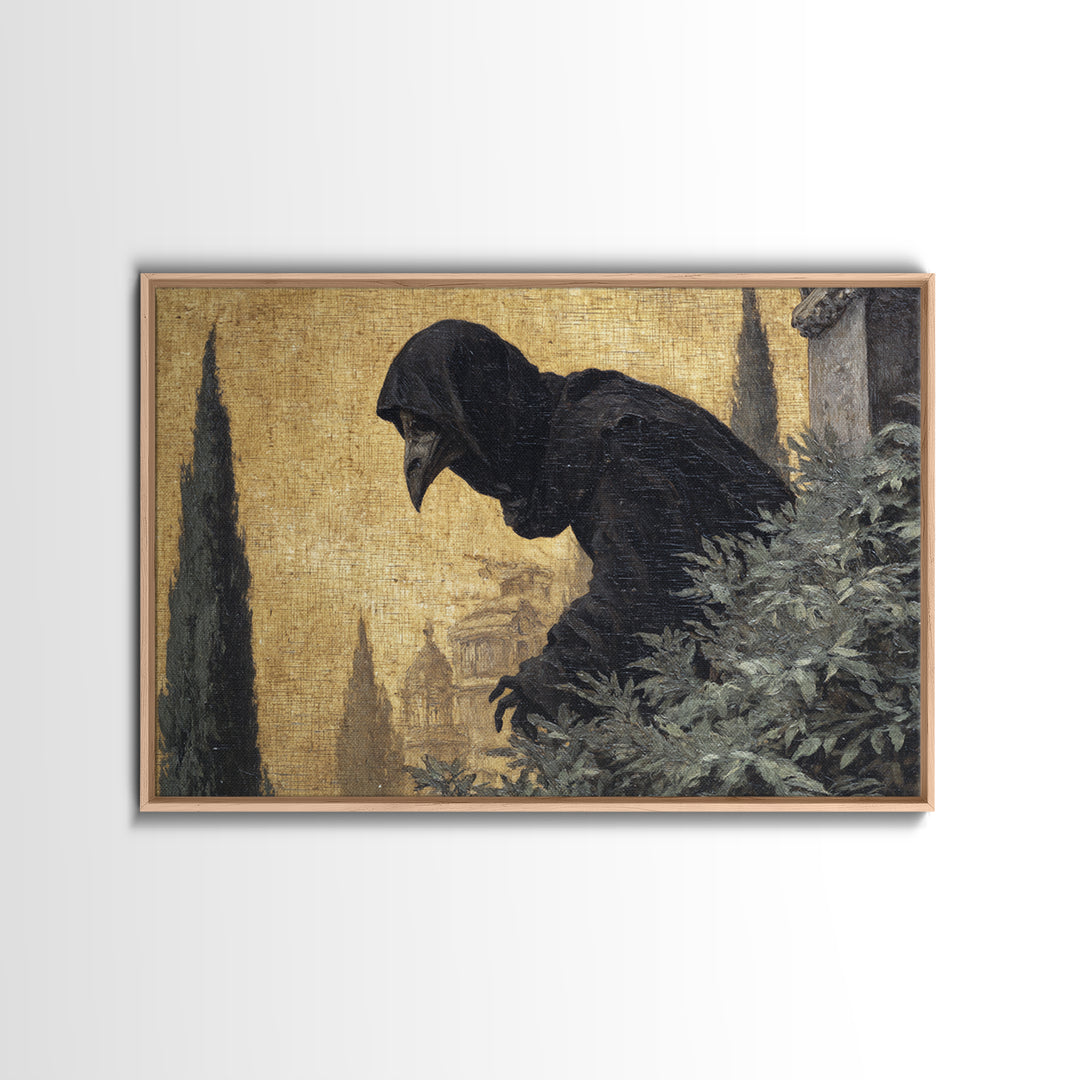 The Crow-Masked Assassin, Symbolist Gothic Landscape, Landscape Wall Art, Dark Halloween Decor, Framed Canvas Print, Halloween Wall Art