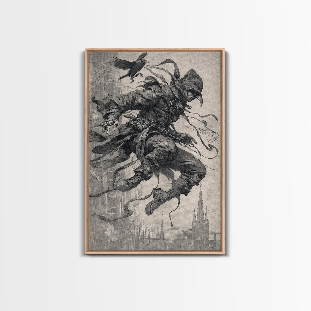 The Crow-Masked Assassin, Symbolist Etching Art, Vertical Wall Art, Dark Halloween Decor, Canvas Print, Halloween Wall Art