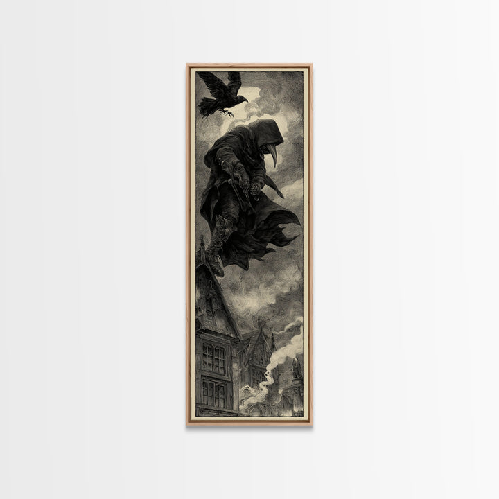 The Crow-Masked Assassin, Expressionist Nightmare Art, Tall Narrow Wall Art, Macabre Wall Art, Framed Canvas Print, Halloween Wall Art