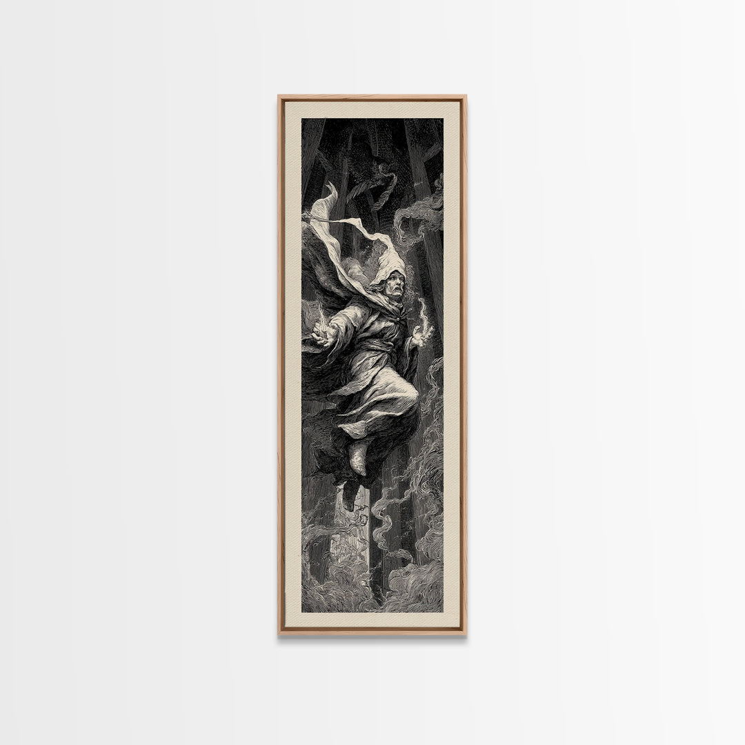 The Lantern Mage, Gothic Engraving Art, Tall Narrow Wall Art, Macabre Wall Art, Framed Canvas Print, Halloween Wall Art