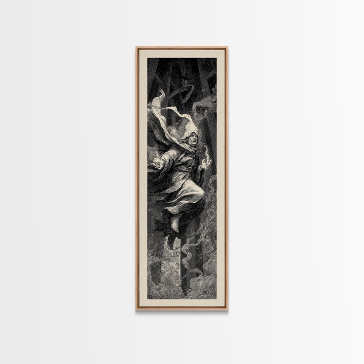 The Lantern Mage, Gothic Engraving Art, Tall Narrow Wall Art, Macabre Wall Art, Framed Canvas Print, Halloween Wall Art