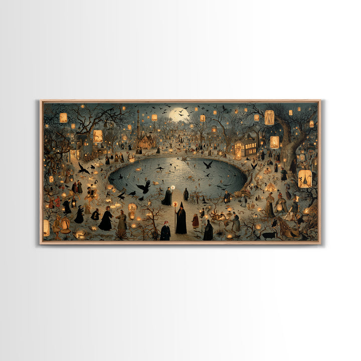 The Lantern Mage, Northern Renaissance Horror, Wide Panoramic Art, Dark Halloween Decor, Canvas Print, Halloween Wall Art