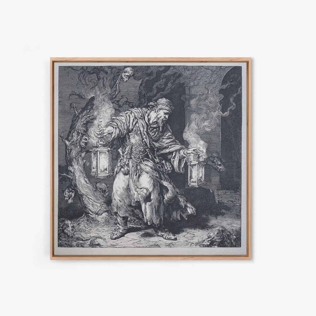 The Lantern Mage, Renaissance Engraving Art, Square Wall Art, Dark Halloween Decor, Canvas Print, Halloween Wall Art