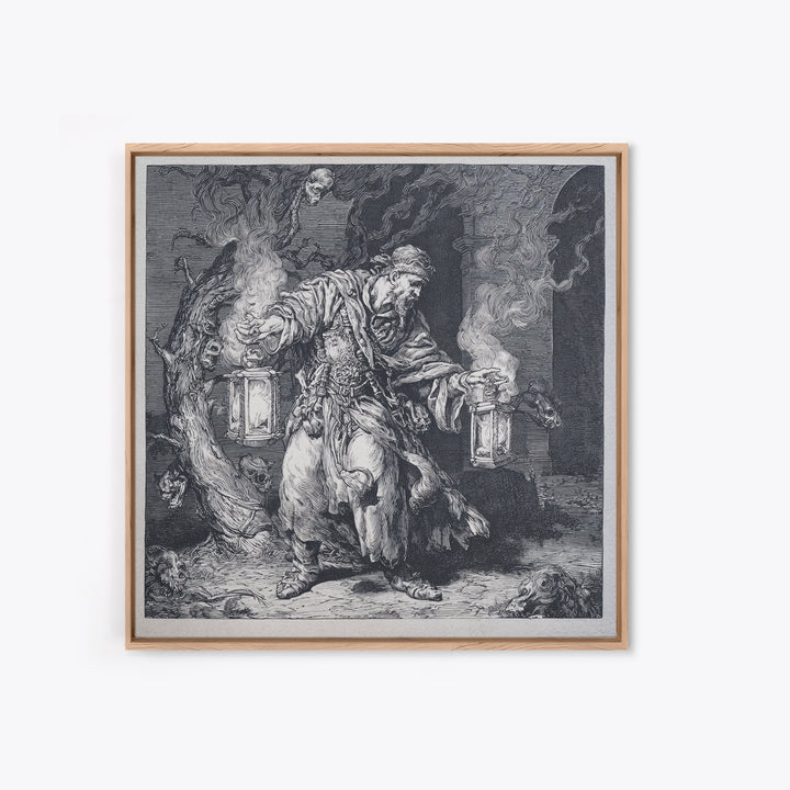 The Lantern Mage, Renaissance Engraving Art, Square Wall Art, Dark Halloween Decor, Canvas Print, Halloween Wall Art
