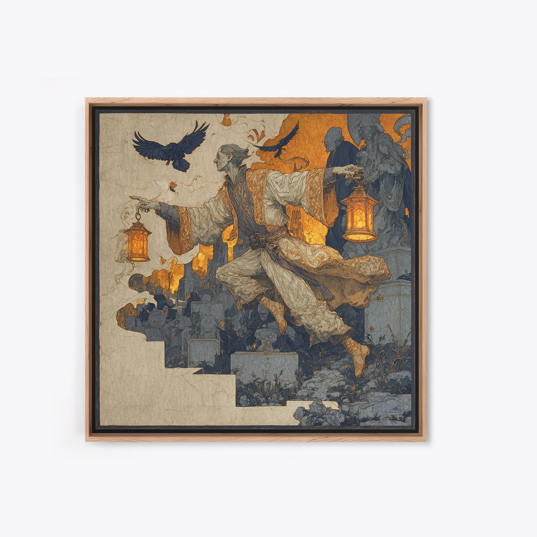 The Lantern Mage, Symbolist Death Art, Square Wall Art, Macabre Wall Art, Framed Canvas Print, Halloween Wall Art, Halloween Decor