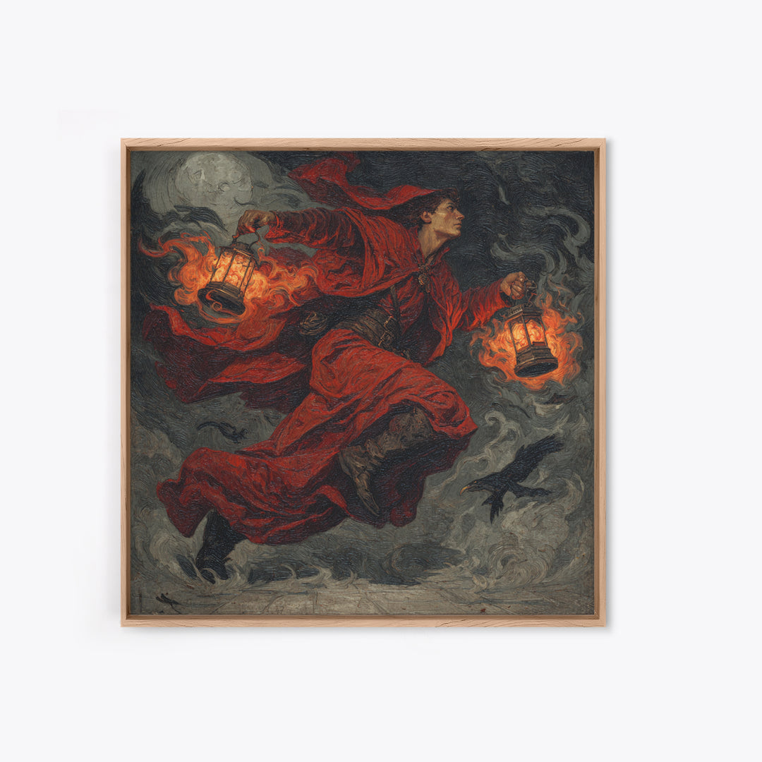 The Lantern Mage, Dark Symbolist Art, Square Wall Art, Dark Halloween Decor, Framed Canvas Print, Halloween Wall Art