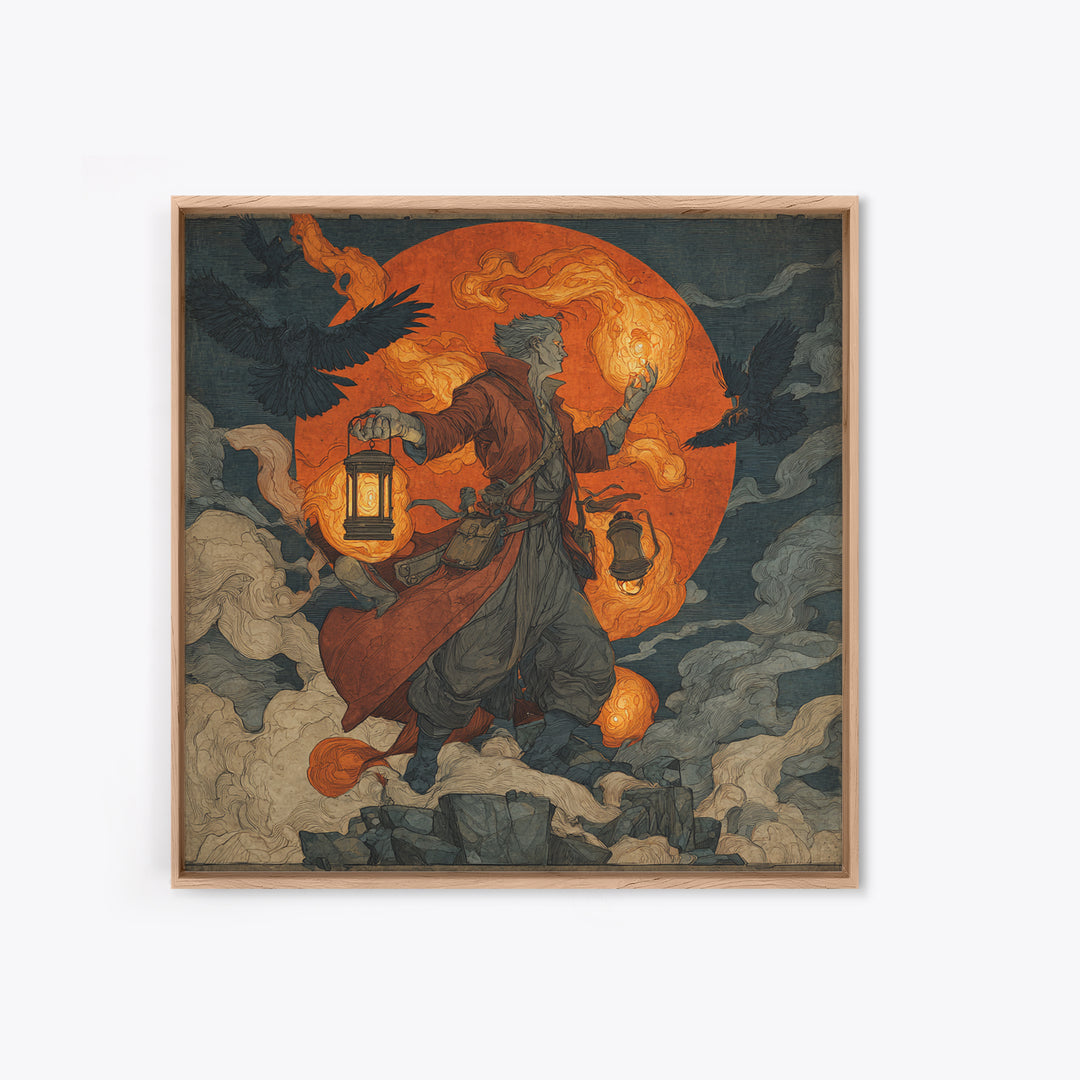 The Lantern Mage, Symbolist Etching Art, Square Wall Art, Gothic Horror Wall Art, Canvas Print, Halloween Wall Art, Gothic Home Decor