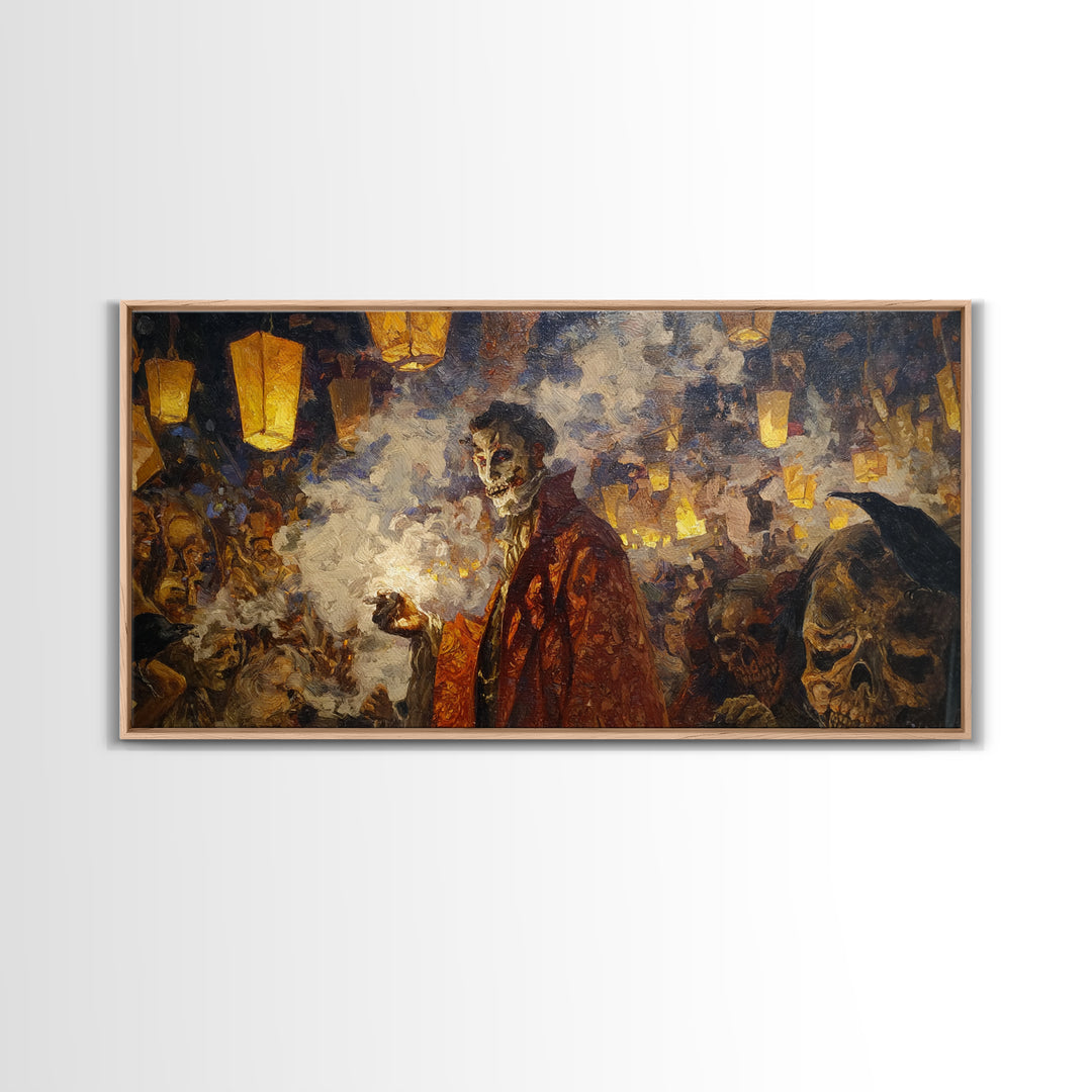 The Lantern Mage, Grotesque Carnival Art, Wide Panoramic Art, Dark Halloween Decor, Framed Canvas Print, Halloween Wall Art
