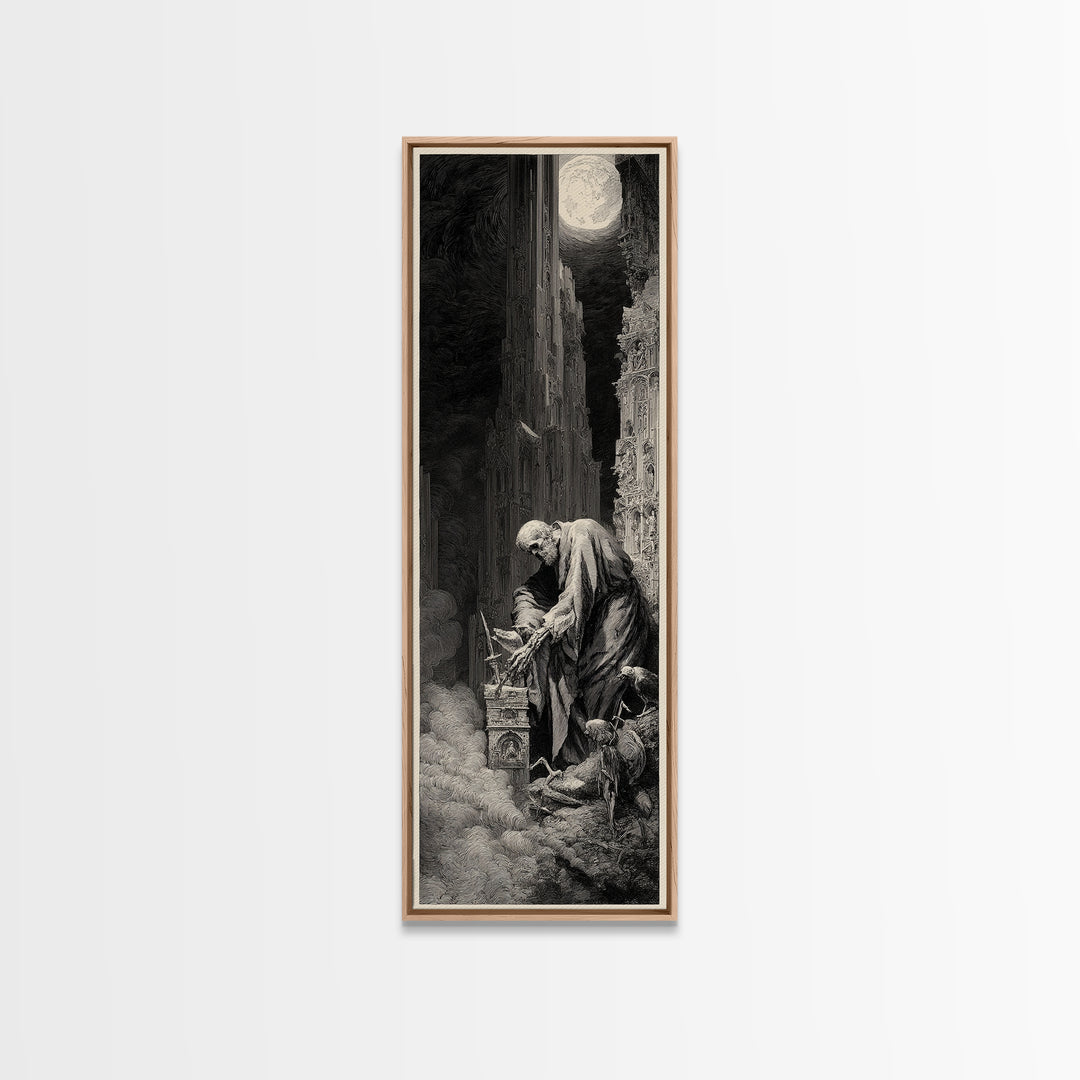 The Bone Sculptor, Gothic Engraving Art, Tall Narrow Wall Art, Dark Fantasy Wall Art, Framed Canvas Print, Halloween Wall Art