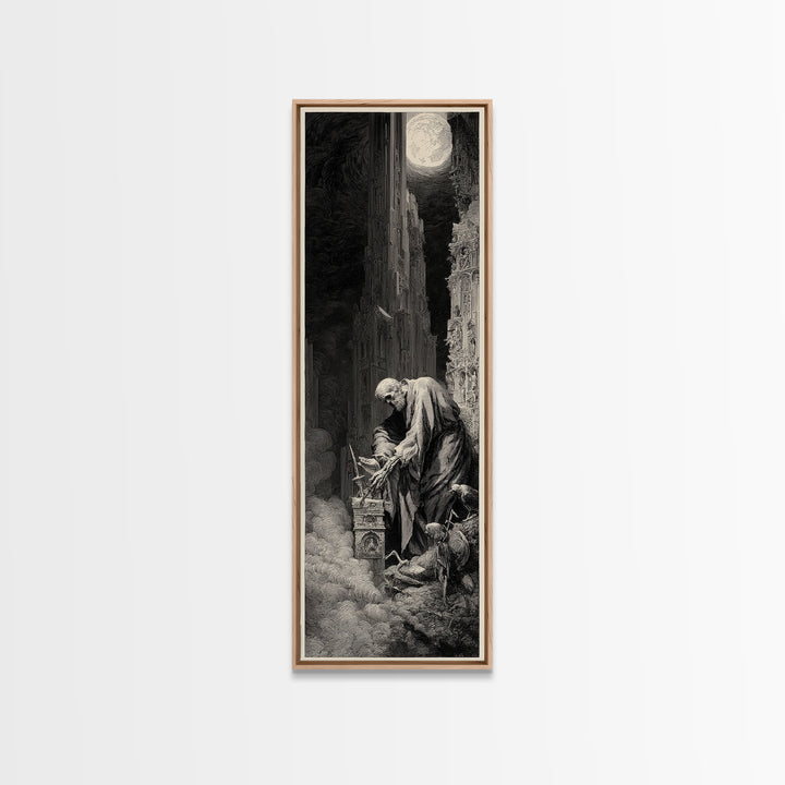 The Bone Sculptor, Gothic Engraving Art, Tall Narrow Wall Art, Dark Fantasy Wall Art, Framed Canvas Print, Halloween Wall Art
