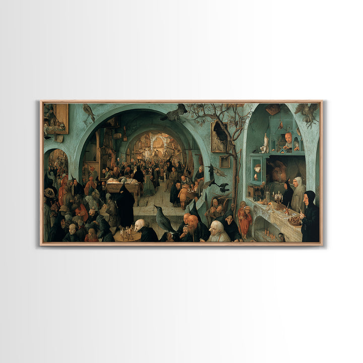 The Dream Eater, Northern Renaissance Horror, Wide Panoramic Art, Dark Halloween Decor, Framed Canvas Print, Halloween Wall Art