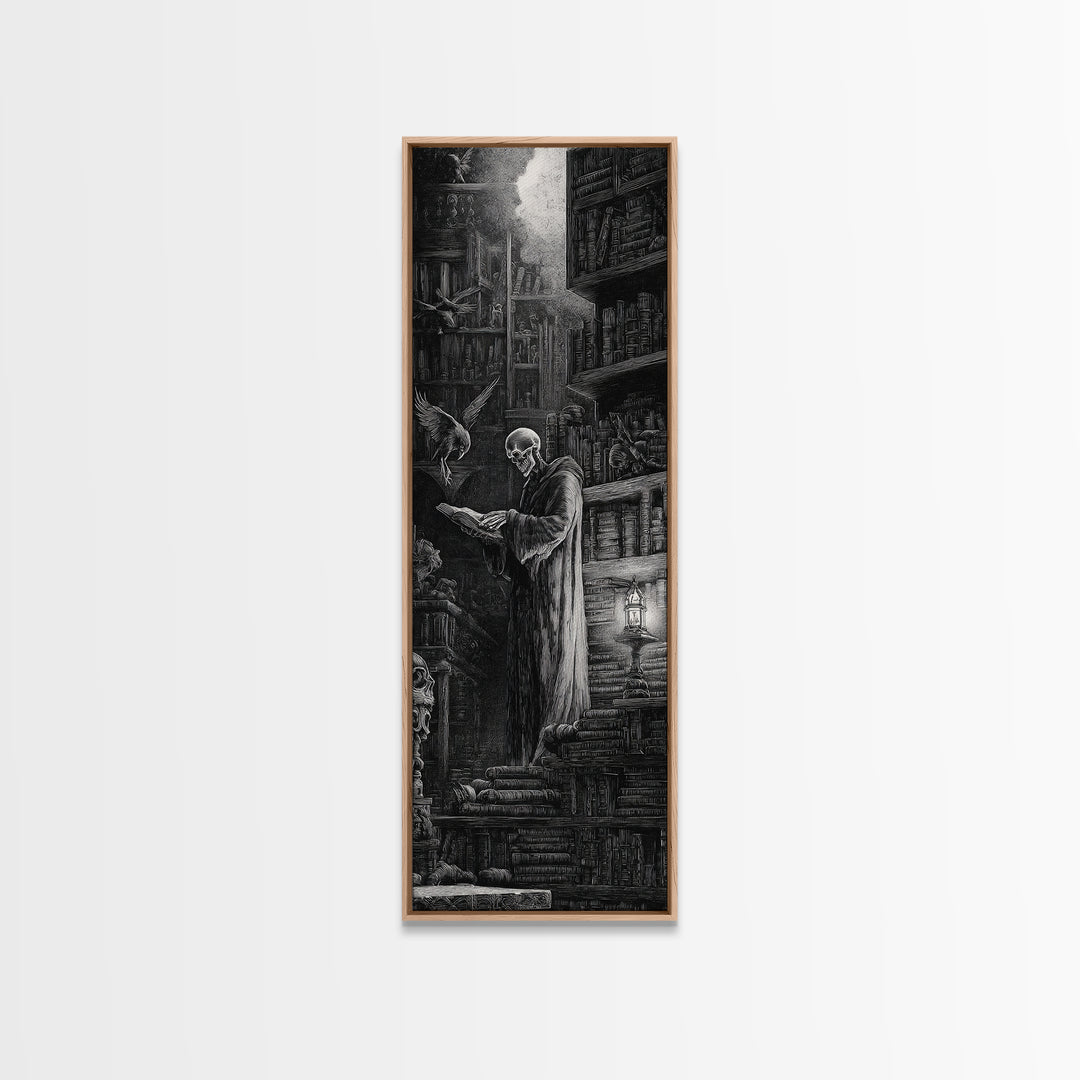 The Crypt Librarian, Gothic Engraving Art, Tall Narrow Wall Art, Gothic Horror Wall Art, Canvas Print, Halloween Wall Art