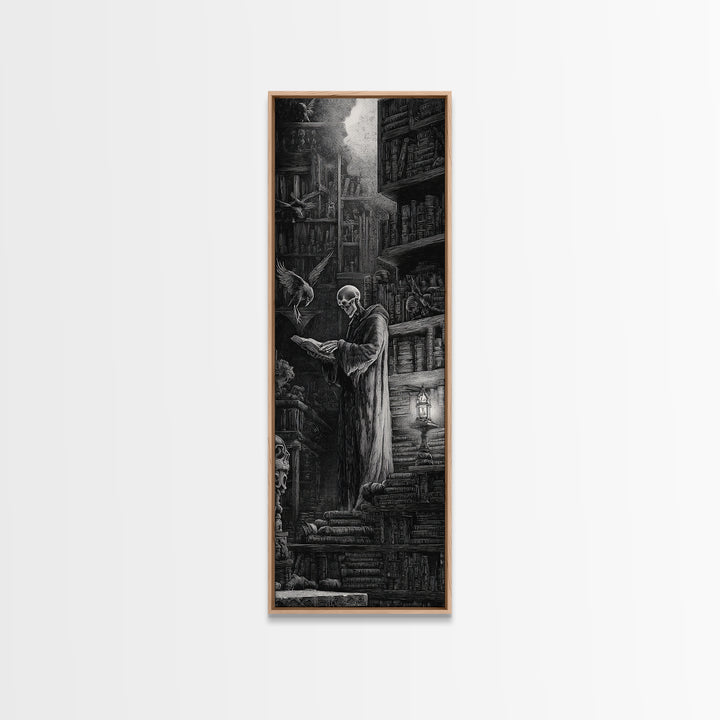 The Crypt Librarian, Gothic Engraving Art, Tall Narrow Wall Art, Gothic Horror Wall Art, Canvas Print, Halloween Wall Art