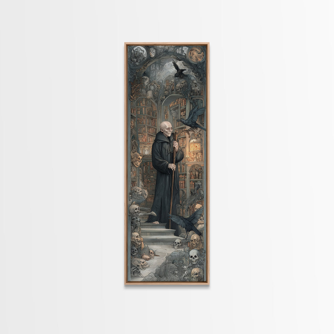 The Crypt Librarian, Medieval Grotesque Art, Tall Narrow Wall Art, Gothic Horror Wall Art, Framed Canvas Print, Halloween Wall Art