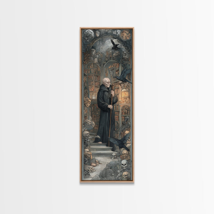 The Crypt Librarian, Medieval Grotesque Art, Tall Narrow Wall Art, Gothic Horror Wall Art, Framed Canvas Print, Halloween Wall Art