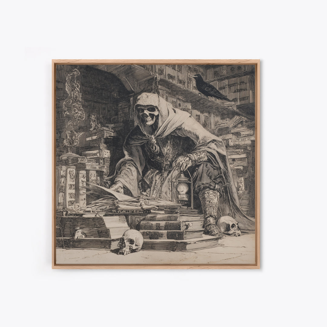 The Crypt Librarian, Renaissance Engraving Art, Square Wall Art, Dark Halloween Decor, Framed Canvas Print, Halloween Wall Art