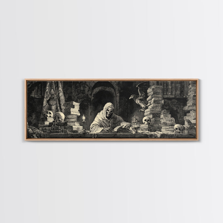 The Crypt Librarian, Dark Romantic Horror Art, Extra Wide Wall Art, Macabre Wall Art, Framed Canvas Print, Halloween Wall Art
