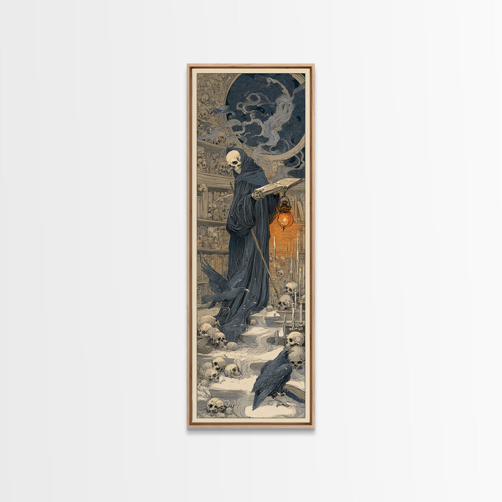 The Crypt Librarian, Symbolist Death Art, Tall Narrow Wall Art, Dark Halloween Decor, Framed Canvas Print, Halloween Wall Art