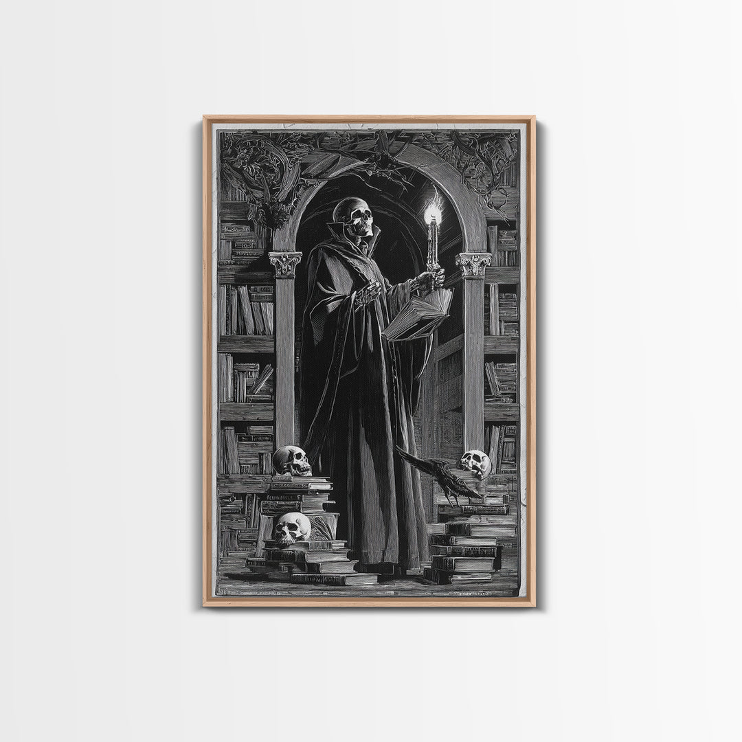 The Crypt Librarian, Symbolist Etching Art, Vertical Wall Art, Gothic Horror Wall Art, Framed Canvas Print, Halloween Wall Art