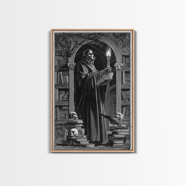 The Crypt Librarian, Symbolist Etching Art, Vertical Wall Art, Gothic Horror Wall Art, Framed Canvas Print, Halloween Wall Art
